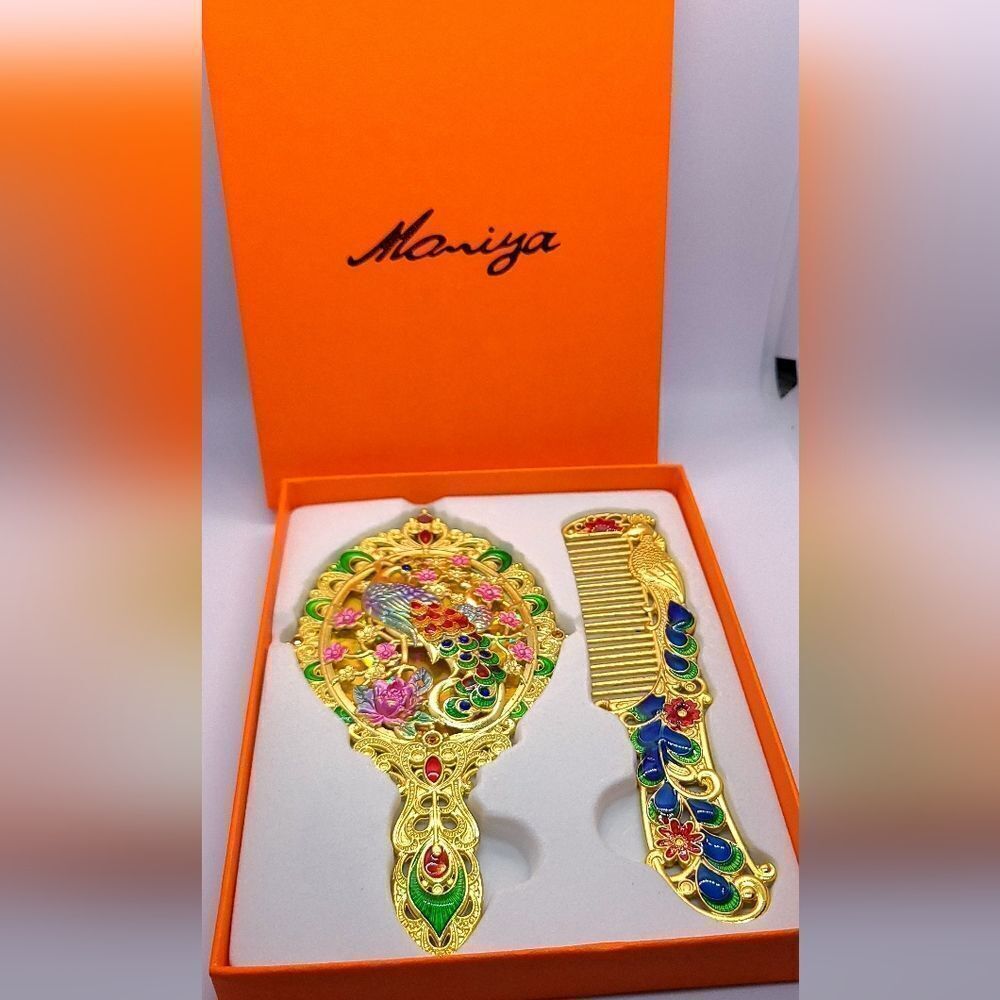 Vintage Peacock Mirror & Comb Set Gold Enamel Renaissance Gift Box 🦚